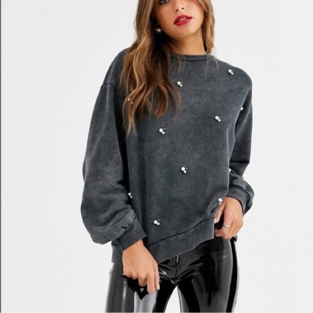 Stradivarius Gray Pearl Detailed Trendy Pullover Sweatshirt Style Sweater Sz S